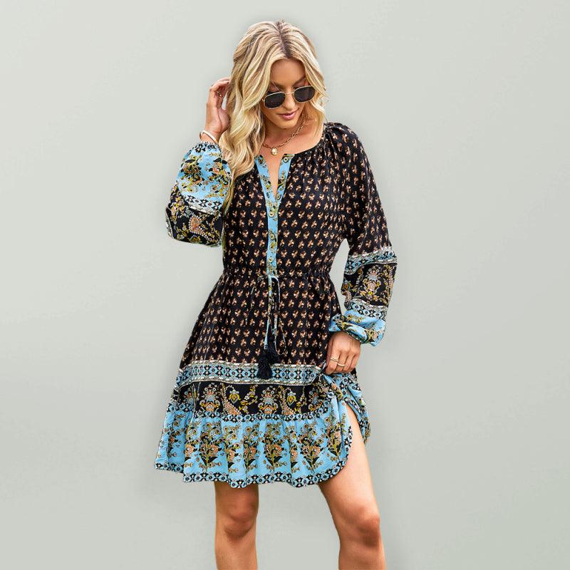 Women's Crew Neck Long Sleeve Boho Print Dress - Closther