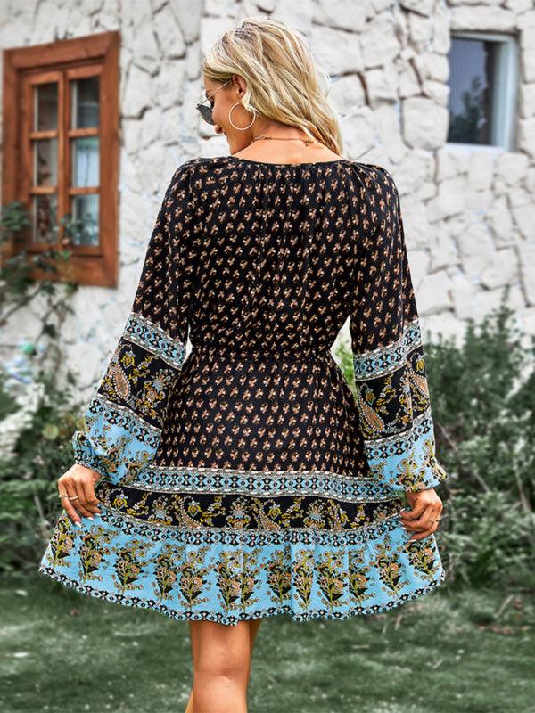 Women's Crew Neck Long Sleeve Boho Print Dress - Closther