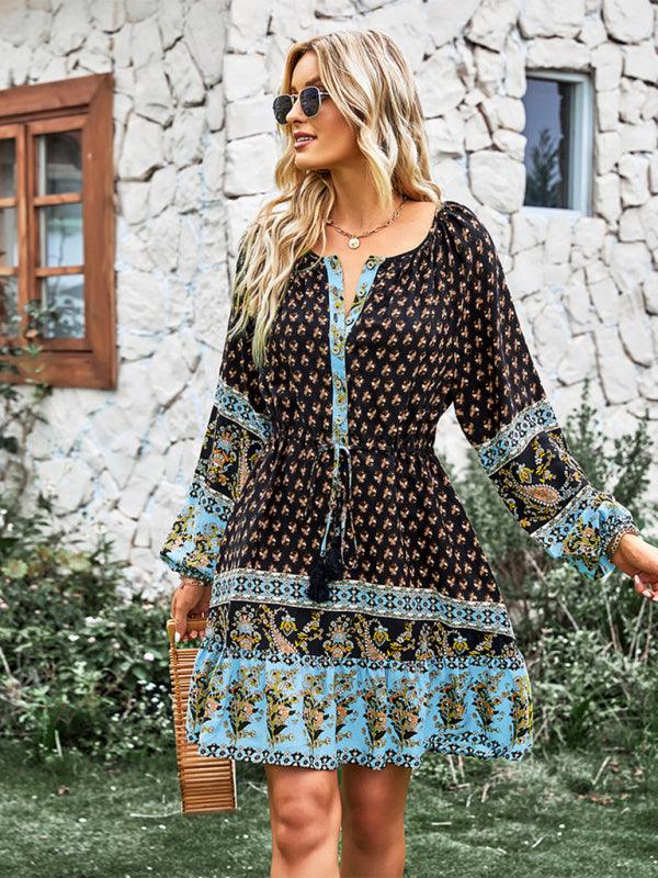 Women's Crew Neck Long Sleeve Boho Print Dress - Closther