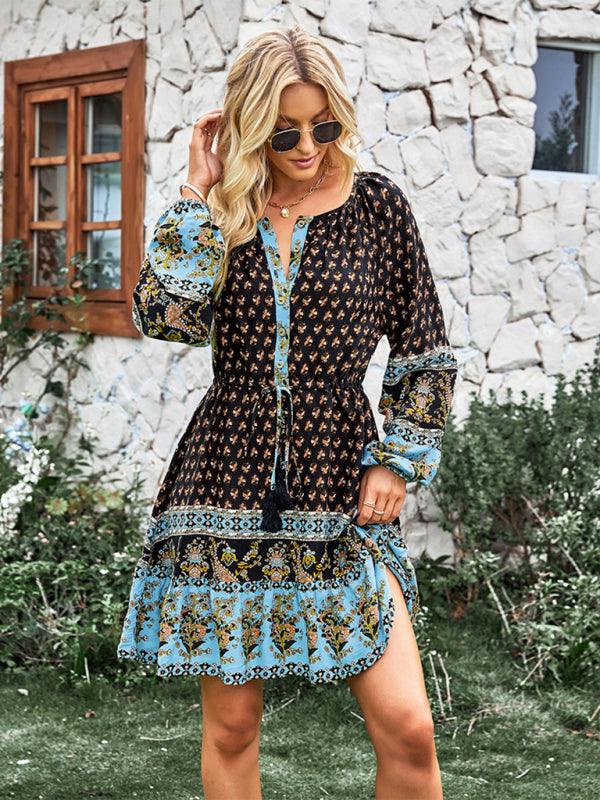 Women's Crew Neck Long Sleeve Boho Print Dress - Closther