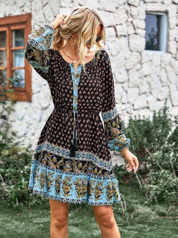 Women's Crew Neck Long Sleeve Boho Print Dress - Closther