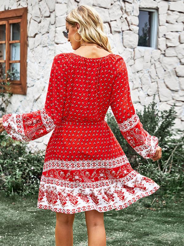 Women's Crew Neck Long Sleeve Boho Print Dress - Closther