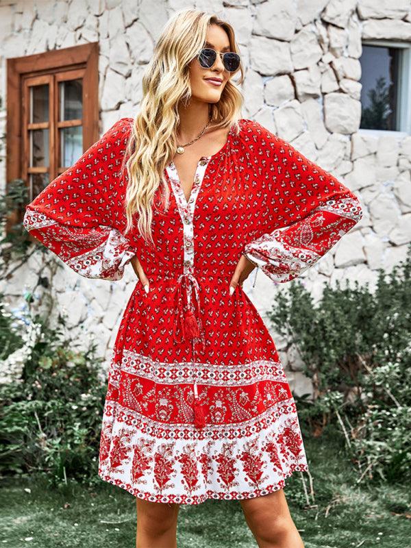 Women's Crew Neck Long Sleeve Boho Print Dress - Closther