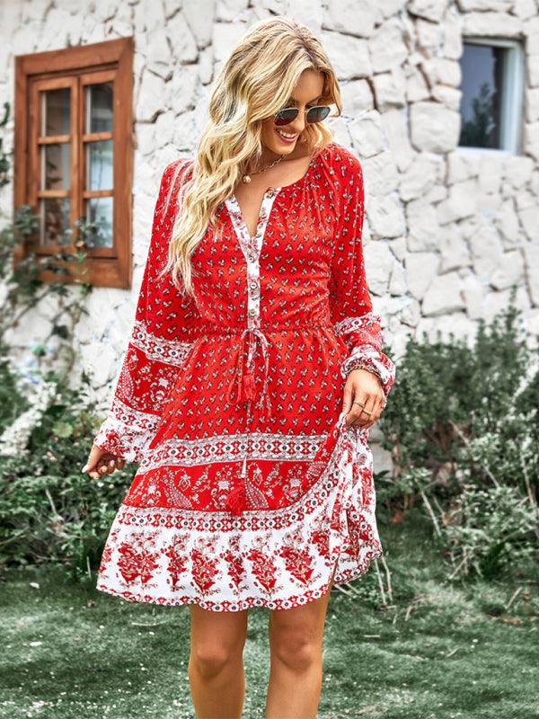 Women's Crew Neck Long Sleeve Boho Print Dress - Closther