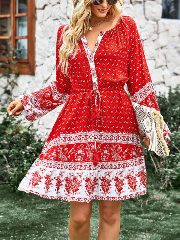 Women's Crew Neck Long Sleeve Boho Print Dress - Closther