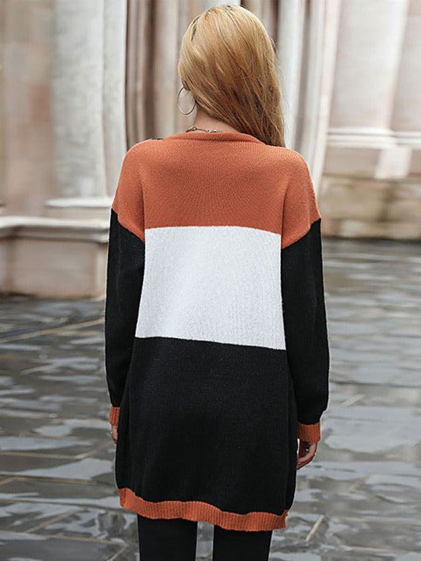 Damenmode Langarm-Strickjacke mit Farbblock-Design 