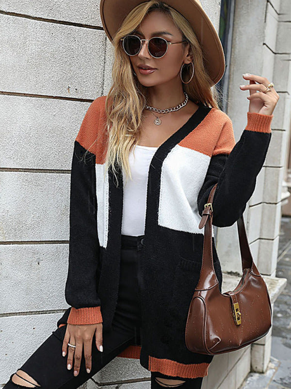 Damenmode Langarm-Strickjacke mit Farbblock-Design 