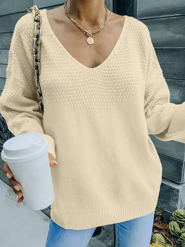 Women's Sweater V-Neck Oversized Knit – Beige – detail view