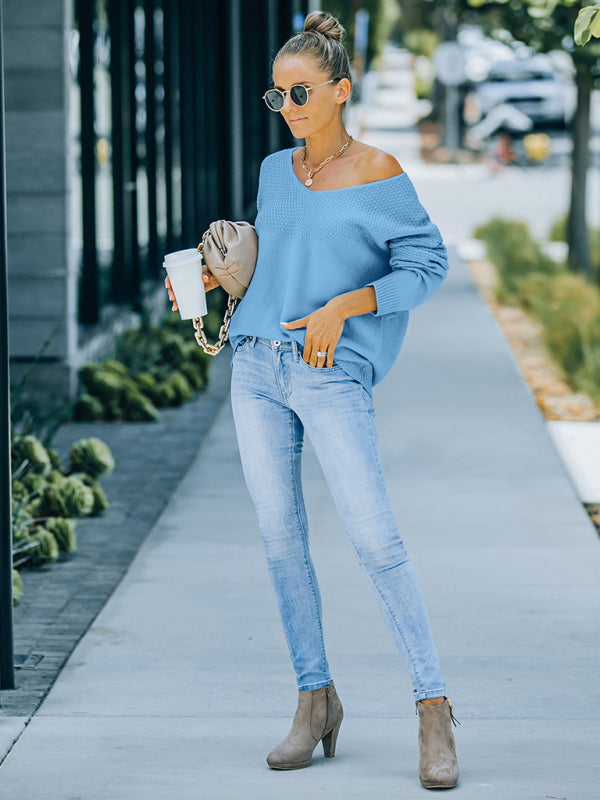 Women's Sweater V-Neck Oversized Knit – Beige – lifestyle view