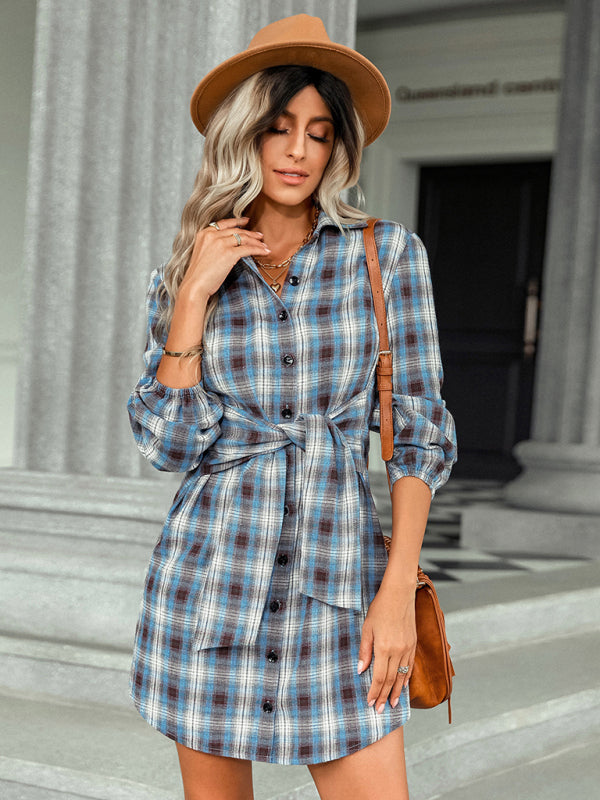 Seasonal single breasted fashionable plaid lace waist dress - Closther