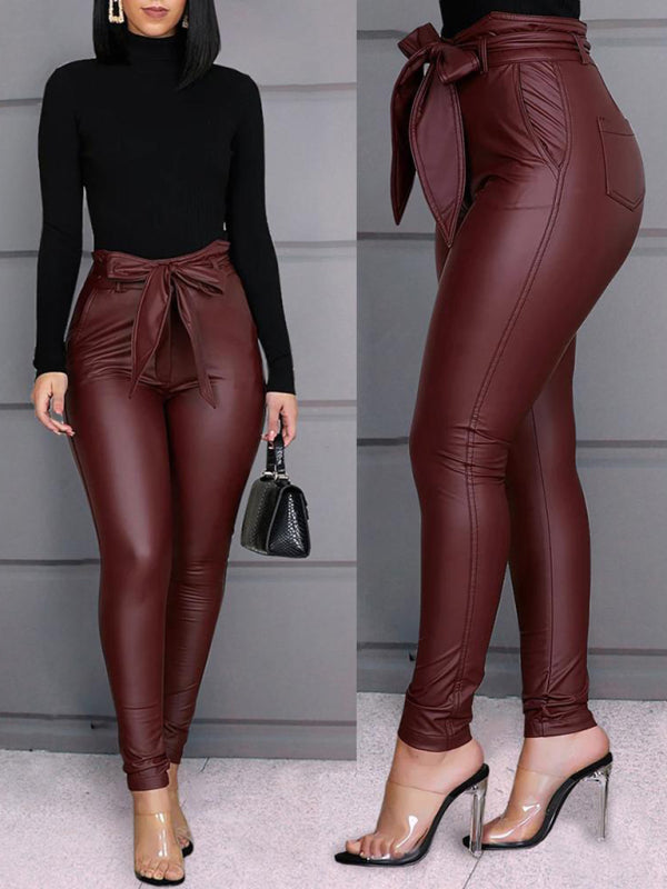 Damenmode Freizeithose aus PU-Leder (mit Gürtel) 
