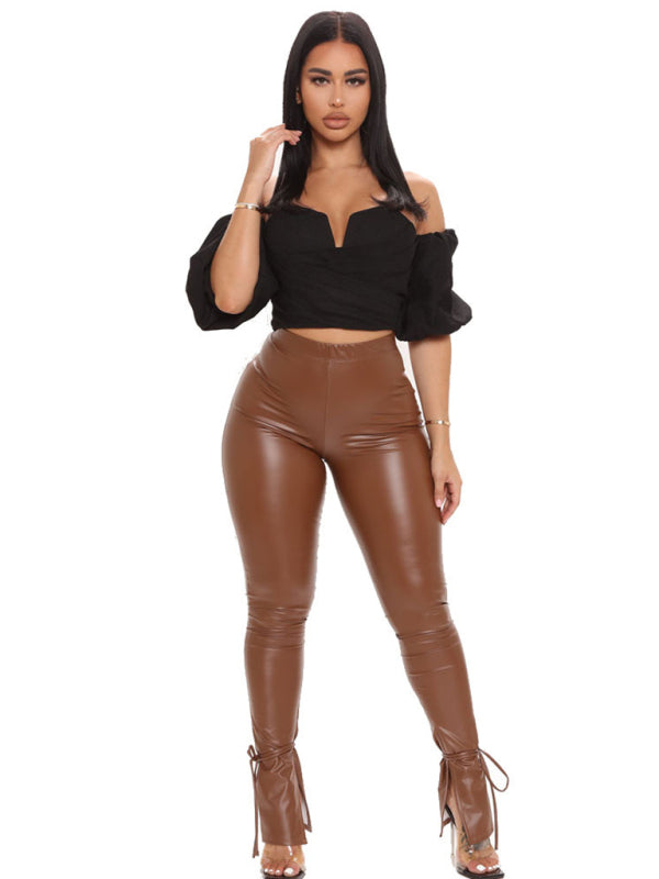 Skinny High Elastic Bandage Micro Flared Side Slit PU Leather Pants 