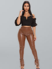 Skinny High Elastic Bandage Micro Flared Side Slit PU Leather Pants 