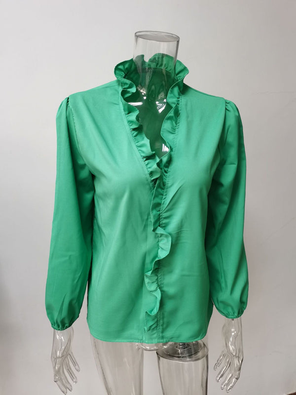 Spring and summer European and American new long-sleeved ruffled shirt women's shirt – detail view