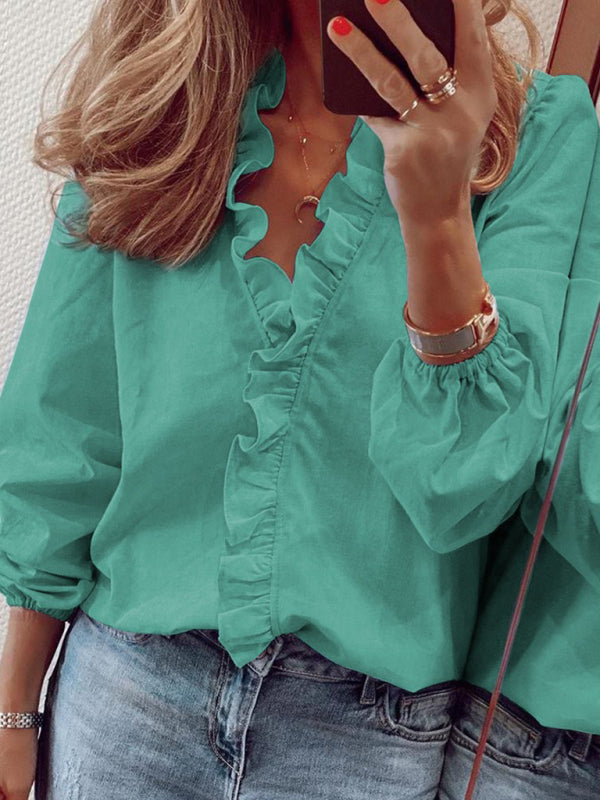 Spring and summer European and American new long-sleeved ruffled shirt women's shirt – back view