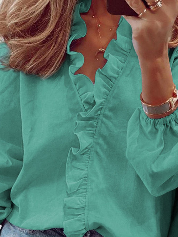 Spring and summer European and American new long-sleeved ruffled shirt women's shirt – side view