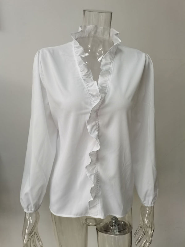 Spring and summer European and American new long-sleeved ruffled shirt women's shirt – detail view