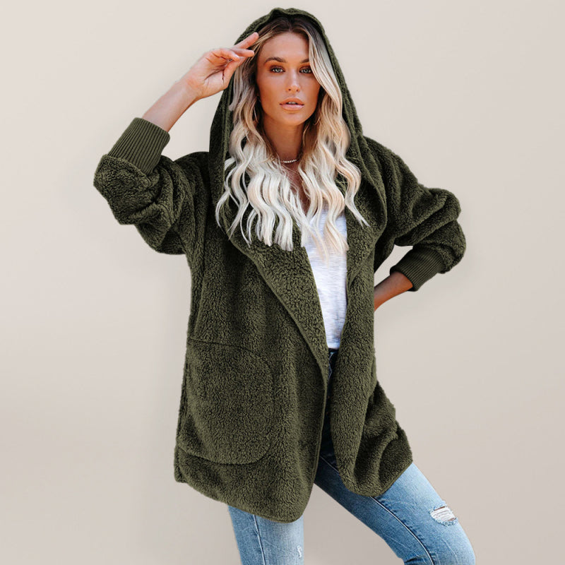 Women's Long Sleeve Jacket Casual Hooded Solid Color Cardigan Plush Women - Closther