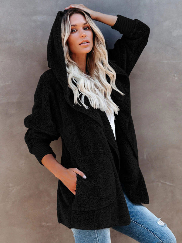 Women's Long Sleeve Jacket Casual Hooded Solid Color Cardigan Plush Women - Closther