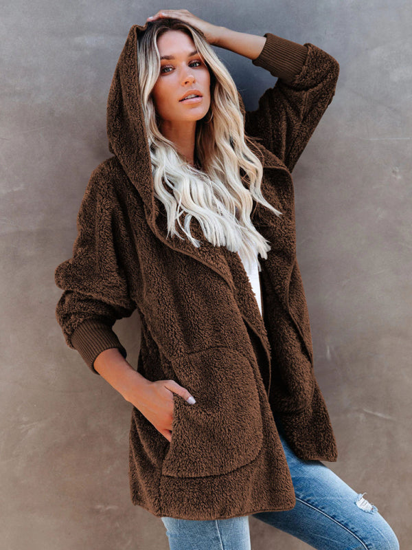 Women's Long Sleeve Jacket Casual Hooded Solid Color Cardigan Plush Women - Closther