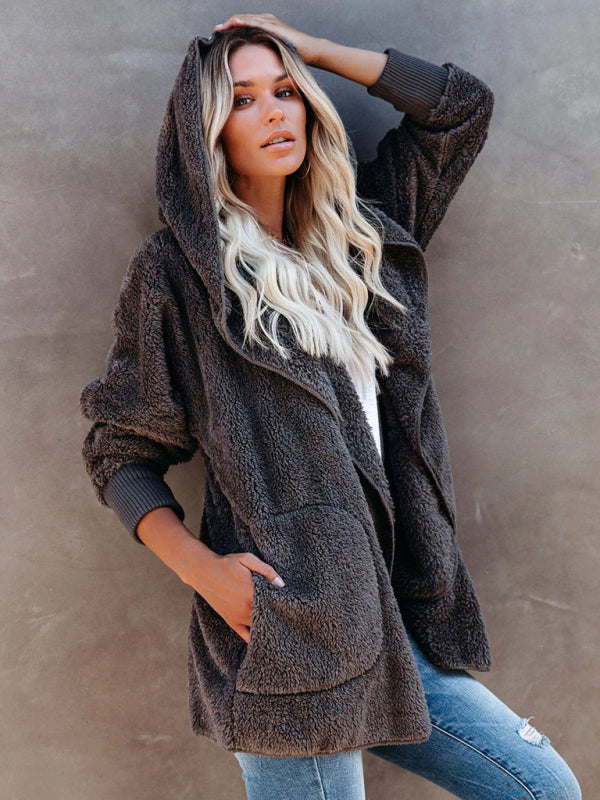 Women's Long Sleeve Jacket Casual Hooded Solid Color Cardigan Plush Women - Closther