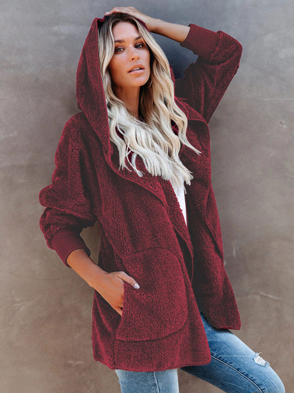 Women's Long Sleeve Jacket Casual Hooded Solid Color Cardigan Plush Women - Closther