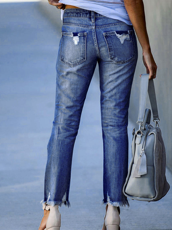 Washed Frayed Tassel Jeans Slim High Elastic Small Feet Trousers - Closther