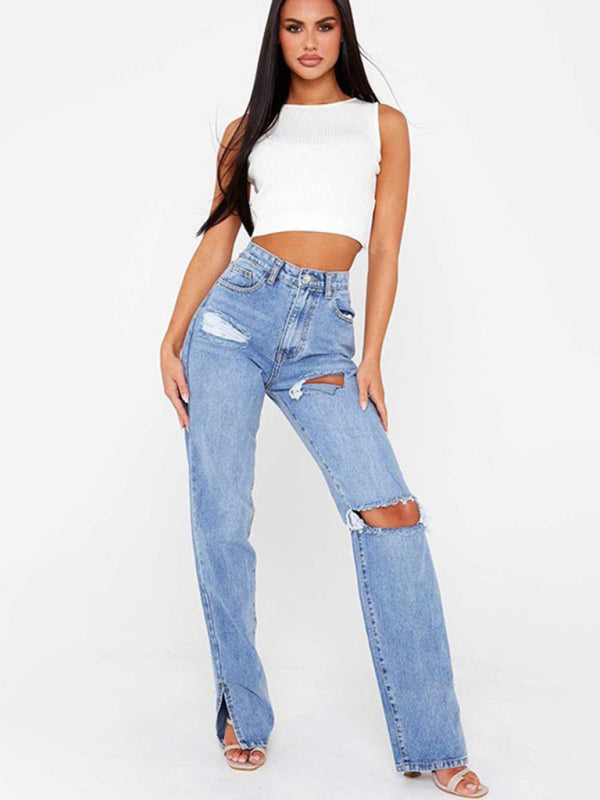 Straight-leg mopping trousers ripped ankle slit flared jeans - Closther