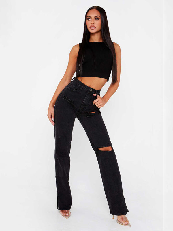 Straight-leg mopping trousers ripped ankle slit flared jeans - Closther