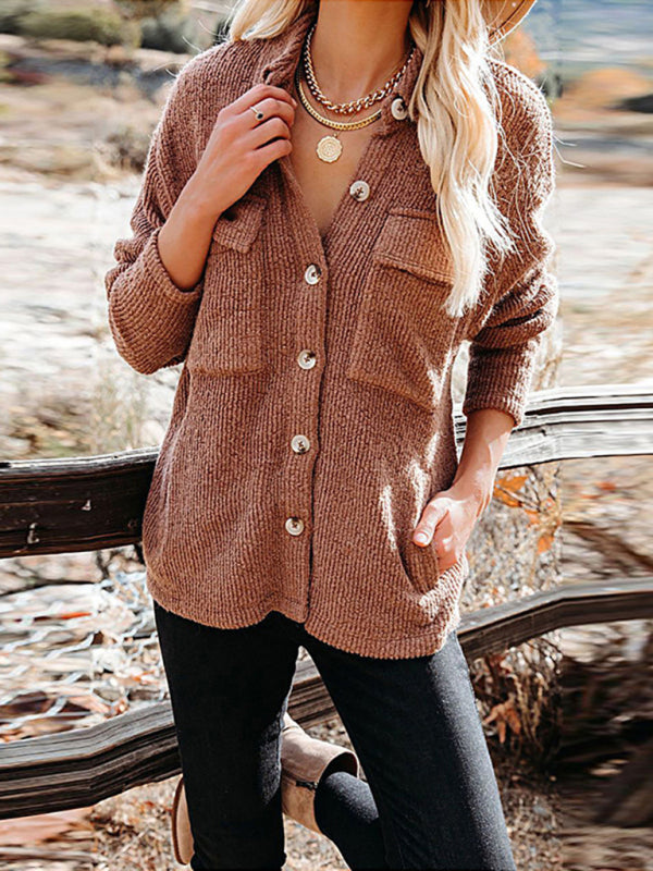 Solid Color Loose Corduroy Pocket Long Sleeve Cardigan Jacket