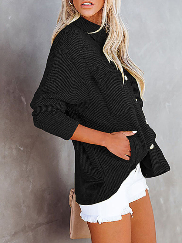 Solid Color Loose Corduroy Pocket Long Sleeve Cardigan Jacket