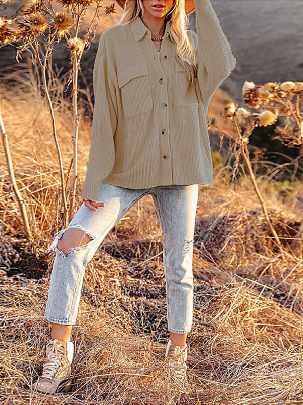 Solid Color Loose Corduroy Pocket Long Sleeve Cardigan Jacket