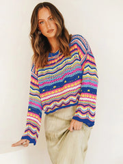 Strickpullover mit Streifenmuster, locker geschnitten, mit Intercolor-Effekt, Rundhalsausschnitt, Damen-Design, Außenhandels-Stil 
