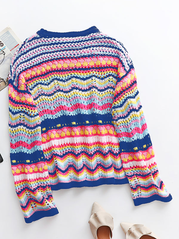 Strickpullover mit Streifenmuster, locker geschnitten, mit Intercolor-Effekt, Rundhalsausschnitt, Damen-Design, Außenhandels-Stil 