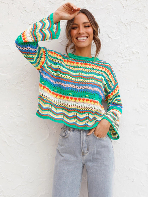 Strickpullover mit Streifenmuster, locker geschnitten, mit Intercolor-Effekt, Rundhalsausschnitt, Damen-Design, Außenhandels-Stil 