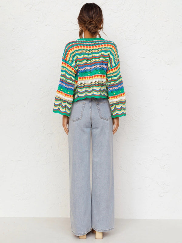 Strickpullover mit Streifenmuster, locker geschnitten, mit Intercolor-Effekt, Rundhalsausschnitt, Damen-Design, Außenhandels-Stil 