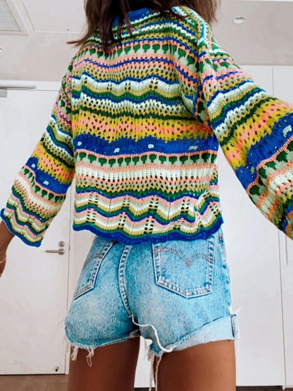 Strickpullover mit Streifenmuster, locker geschnitten, mit Intercolor-Effekt, Rundhalsausschnitt, Damen-Design, Außenhandels-Stil 