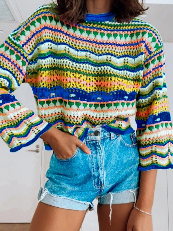 Strickpullover mit Streifenmuster, locker geschnitten, mit Intercolor-Effekt, Rundhalsausschnitt, Damen-Design, Außenhandels-Stil 