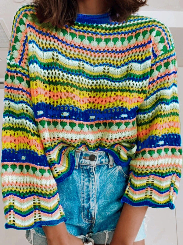 Strickpullover mit Streifenmuster, locker geschnitten, mit Intercolor-Effekt, Rundhalsausschnitt, Damen-Design, Außenhandels-Stil 