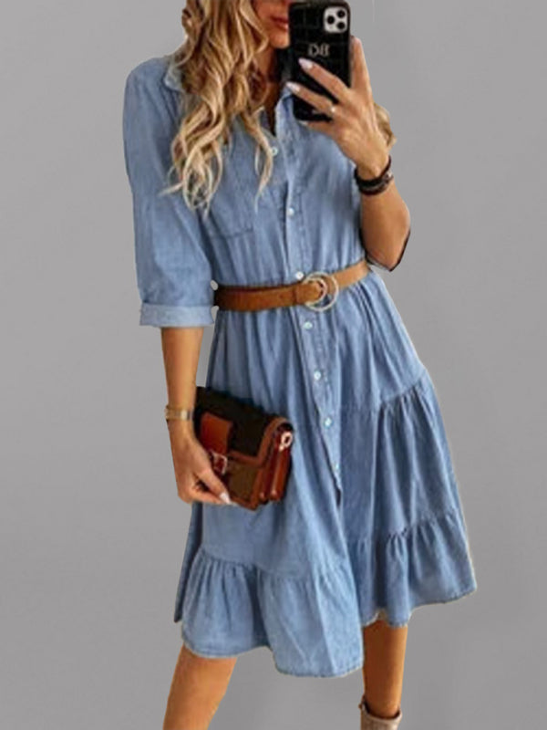 Women's Denim Lapel Panel Button Breasted Midi Dress - Closther