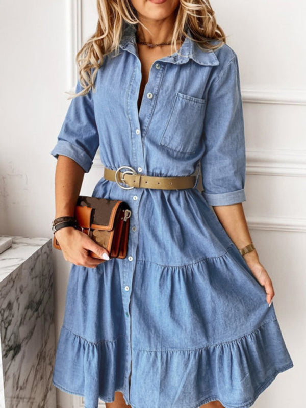 Women's Denim Lapel Panel Button Breasted Midi Dress - Closther