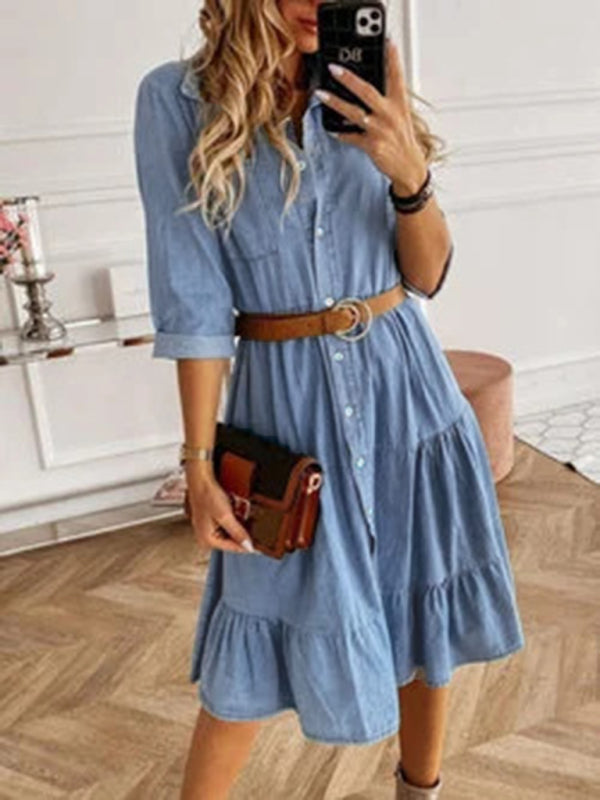 Women's Denim Lapel Panel Button Breasted Midi Dress - Closther