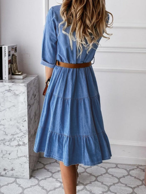 Women's Denim Lapel Panel Button Breasted Midi Dress - Closther