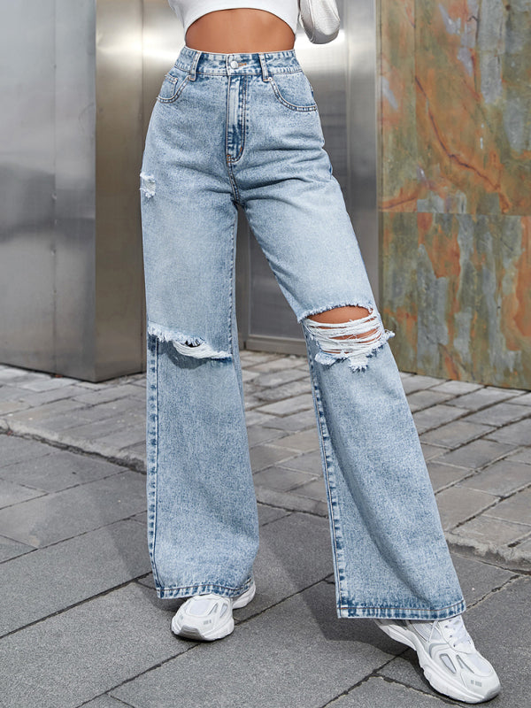 Women's Fashion ripped high waist wide leg casual denim trousers - Closther