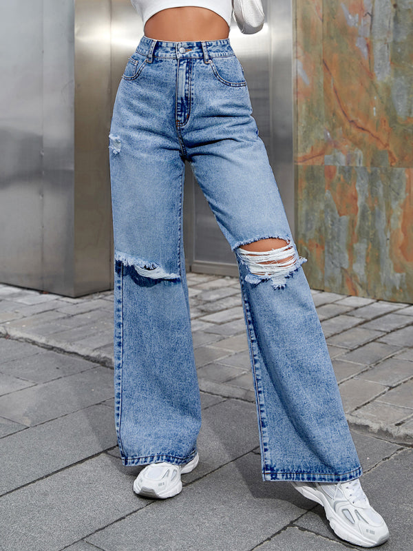 Women's Fashion ripped high waist wide leg casual denim trousers - Closther