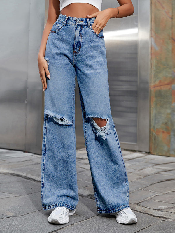 Women's Fashion ripped high waist wide leg casual denim trousers - Closther