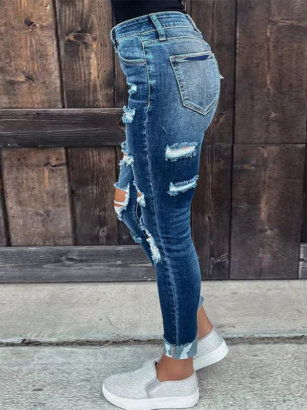 Stretch ripped denim trousers washed skinny feet tight buttocks fashion jeans for women - Closther