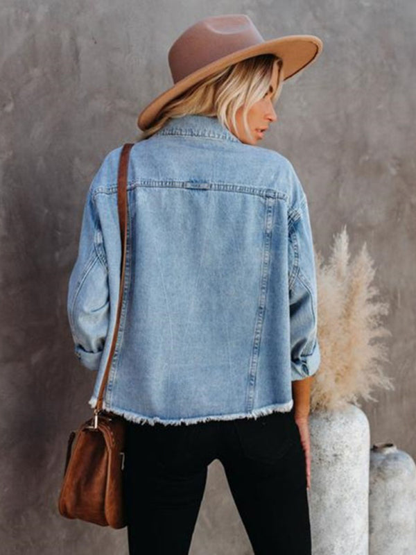 Denim jacket women street trendy loose raw edge cropped jacket - Closther