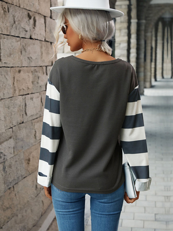 Women's leopard print stitching striped long-sleeved T-shirt - Closther