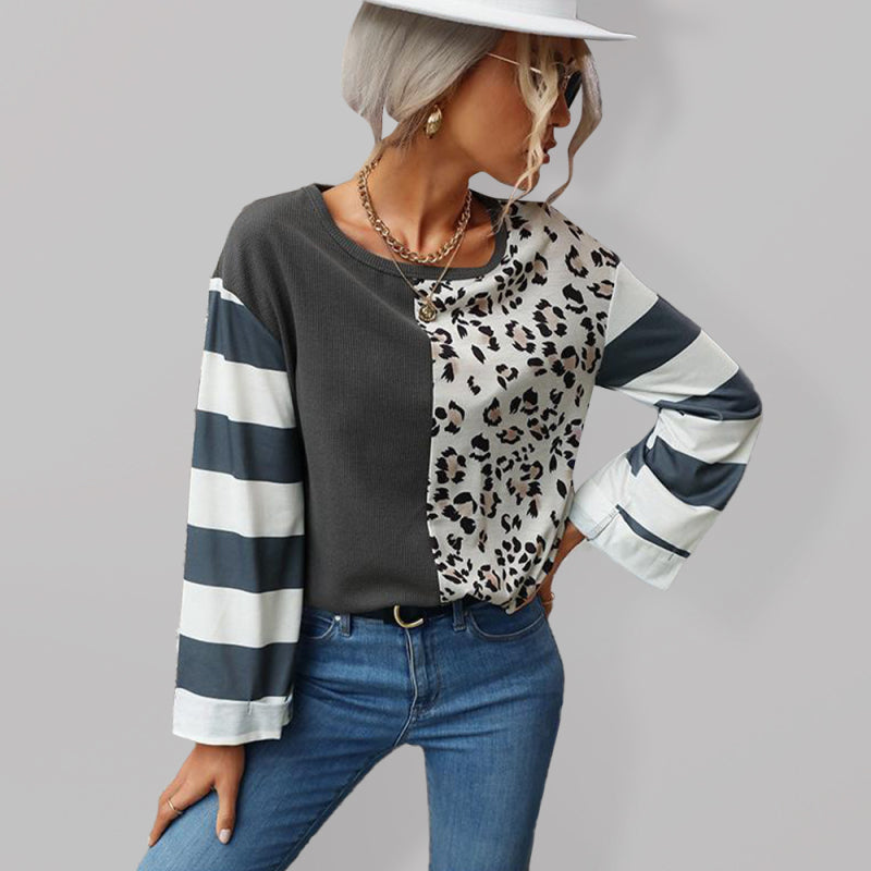 Women's leopard print stitching striped long-sleeved T-shirt - Closther